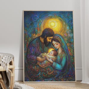 Christmas Nativity Art Gustav Klimt Inspired Painting Poster or Canvas, Birth of Jesus, Mary Joseph Divine Light Vibrant Holy Night Decor