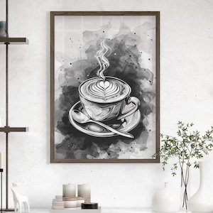 Trendy Black And White Coffee Wall Art Print or Canvas, Simple Cup Of Coffee, Vintage Coffee Shop Deco, Perfect Gift For Coffee Lover Poster