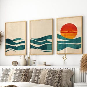 Vintage Abstract Waves Sun Set of 3 Poster or Canvas Print, Minimalist Ocean Sunset Wall Art, Mid-Century Modern Poster, Retro Summer Decor