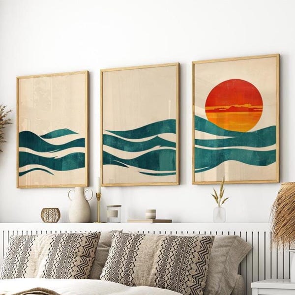 Vintage Abstract Waves Sun Set of 3 Poster or Canvas Print, Minimalist Ocean Sunset Wall Art, Mid-Century Modern Poster, Retro Summer Decor