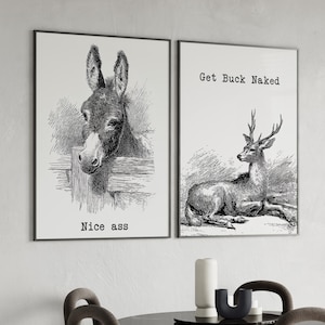 Funny Animal Bathroom Prints Set of 2 Poster or Canvas Print, Minimalist Deer and Donkey Trendy Wall Art, Get Buck Naked Nice Ass Posters