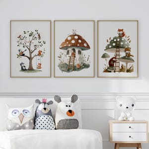 Whimsical Tree and Mushrooms with Animals Art Prints Set of 3 Poster or Canvas, Sage Green and Brown Woodland Animal Prints Nursery Decor