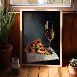 Pizza and Champagne Realistic Painting Poster or Canvas Print, Cocktail Art Bar Cart Decor, Food Still Life Vintage Style Kitchen Wall Art