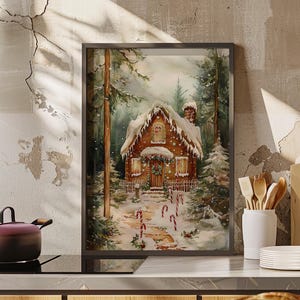 Cozy Gingerbread Cottage Watercolor Painting Poster or Canvas Print, Whimsical Winter Forest Christmas Art, Winter Snowy Cottage Wall Art