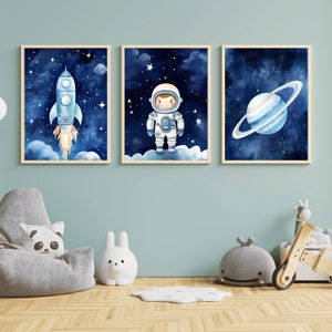 Aquarell Weltraum Wand Kunst 3er Set, Astronaut Raumschiff Planet Druck, Baby Raumdekoration, perfektes Geschenk für Weltraum Liebhaber