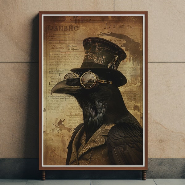 Crow With Hat And Glasses Vintage Poster, Newspaper Crow Wall Art Print, Black Raven With Glasses Room Decor, Vintage Black Bird Wall Art