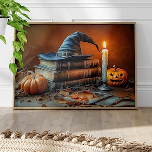 May include: A witch's hat sits atop a stack of old, leather-bound books. A lit candle and a carved pumpkin with a spooky face complete the Halloween scene.