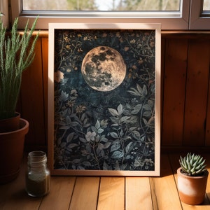 Moon Eclipse Botanical William Morris Inspired Art Print or Canvas, Dark Cottagecore Decor, Dark Academia Poster Print Moody Wall Art