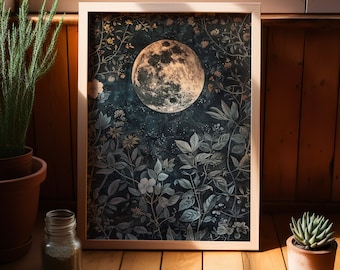 Moon Eclipse Botanical William Morris Inspired Art Print or Canvas, Dark Cottagecore Decor, Dark Academia Poster Print Moody Wall Art