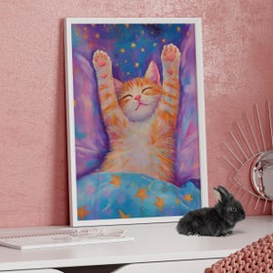 Cute Sleeping Orange Cat Dreamy Oil Painting Poster or Canvas Print, Starry Night Sky Kitten Wall Art, Magical Pastel Cat Bedroom Poster