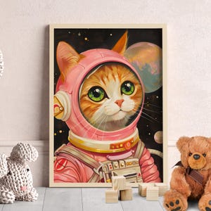 Pink Cat Astronaut Portrait Art Print or Canvas, Retro Style Astronaut Cat, Whimsical Pink Space Cat, Tabby Cat Astronaut, Cat Space Poster