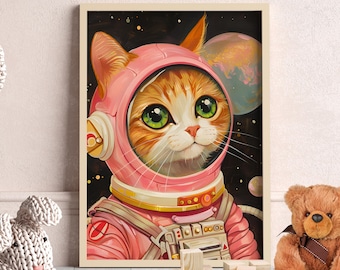 Pink Cat Astronaut Portrait Art Print or Canvas, Retro Style Astronaut Cat, Whimsical Pink Space Cat, Tabby Cat Astronaut, Cat Space Poster