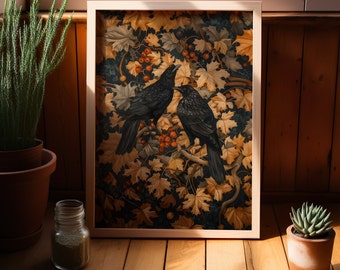 Rook Crow William Morris Wall Art Print, Vintage Bird Lover Gift For Her in Cottagecore Dark Academia Decor Style, Mid Century Botanical