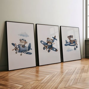 Teddy Bear Flying Plane Set of 3 Wall Art Poster Print, Teddy Bear Pilot Kids Room Decor, Plane Nursery, Baby Boy Nursery Prints or Canvas