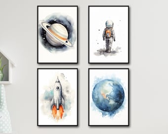 Nursery Decor Space Boy Canvas, Nursery Wall Art Space Bundle, Watercolor Space Nursery Print, Astronaut Print, Outer Space Print Set Of 4