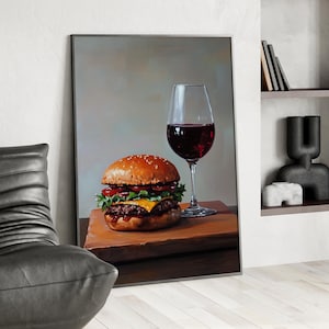 Red Wine and Cheeseburger Oil Painting Poster or Canvas Print, Minimalist Food Paintings, Girl Dinner Art, Food Still Life Kitchen Decor