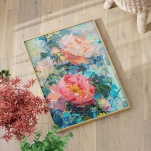 Abstract Impressionism Pink Peony Flowers Poster or Canvas Print, Abstract Floral Colorful Flower Art Maximalist Pink Flower Wall Decor
