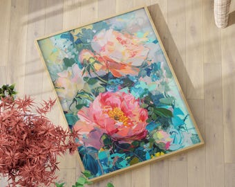 Abstract Impressionism Pink Peony Flowers Poster or Canvas Print, Abstract Floral Colorful Flower Art Maximalist Pink Flower Wall Decor
