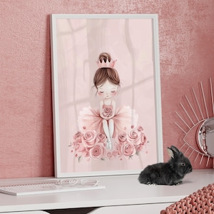 Little Ballerina Princess Wall Art Poster or Canvas Print, Pink Floral Girl Nursery Ballet Theme Wall Decor, Ballerina Wall Art for Girls