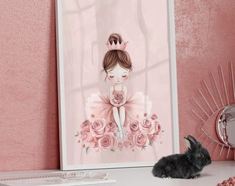 Little Ballerina Princess Wall Art Poster or Canvas Print, Pink Floral Girl Nursery Ballet Theme Wall Decor, Ballerina Wall Art for Girls
