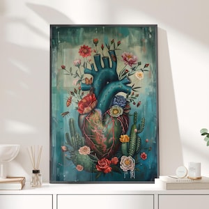 Botanical Floral Heart Dark Painting Poster or Canvas Print, Thorned Dark Heart Wall Art, Boho Wall Art, Goblincore Decor, Dark Academia