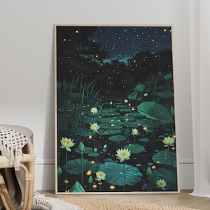 Lotus Pond Mystical Night Scene Dark Poster or Canvas Print, Firefly Lit Pond and Starry Night Sky Print, Whimsical Fairycore Botanical Art