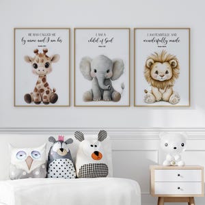 Cute Safari Baby Animals Christian Nursery Wall Art Set of 3 Prints Poster or Canvas, Kids Bible Verse Art, Neutral Safari Nursery Prints