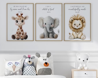 Cute Safari Baby Animals Christian Nursery Wall Art Set of 3 Prints Poster or Canvas, Kids Bible Verse Art, Neutral Safari Nursery Prints