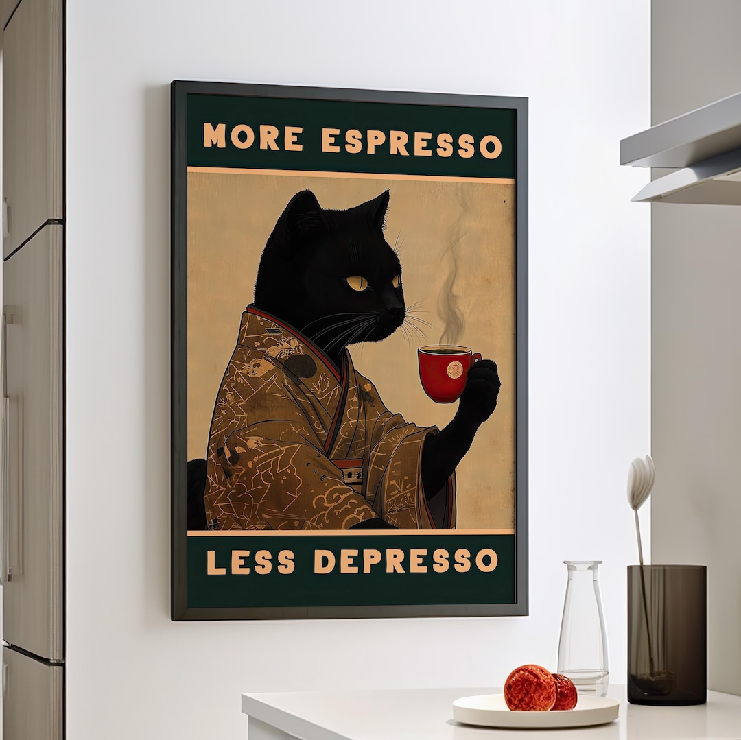 Funny Japanese Black Cat Vintage Print Poster or Canvas, More Espresso ...