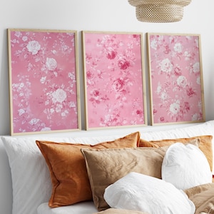 Pink Vintage Floral Chinoiserie Set of 3 Poster or Canvas Print, Love Shack Fancy Wall Prints, Feminine Pink White Floral Aesthetic Decor