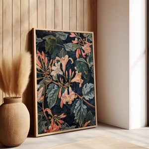 Honeysuckle William Morris Wall Art Print Canvas, Vintage Country Flower Gift For Her in Cottagecore Dark Academia Decor, Century Botanical