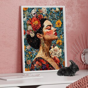 Floral Woman Mosaic Art Colorful Portrait Poster or Canvas Print, Feminine Boho Art Print, Abstract Woman Portrait, Retro Female Portrait