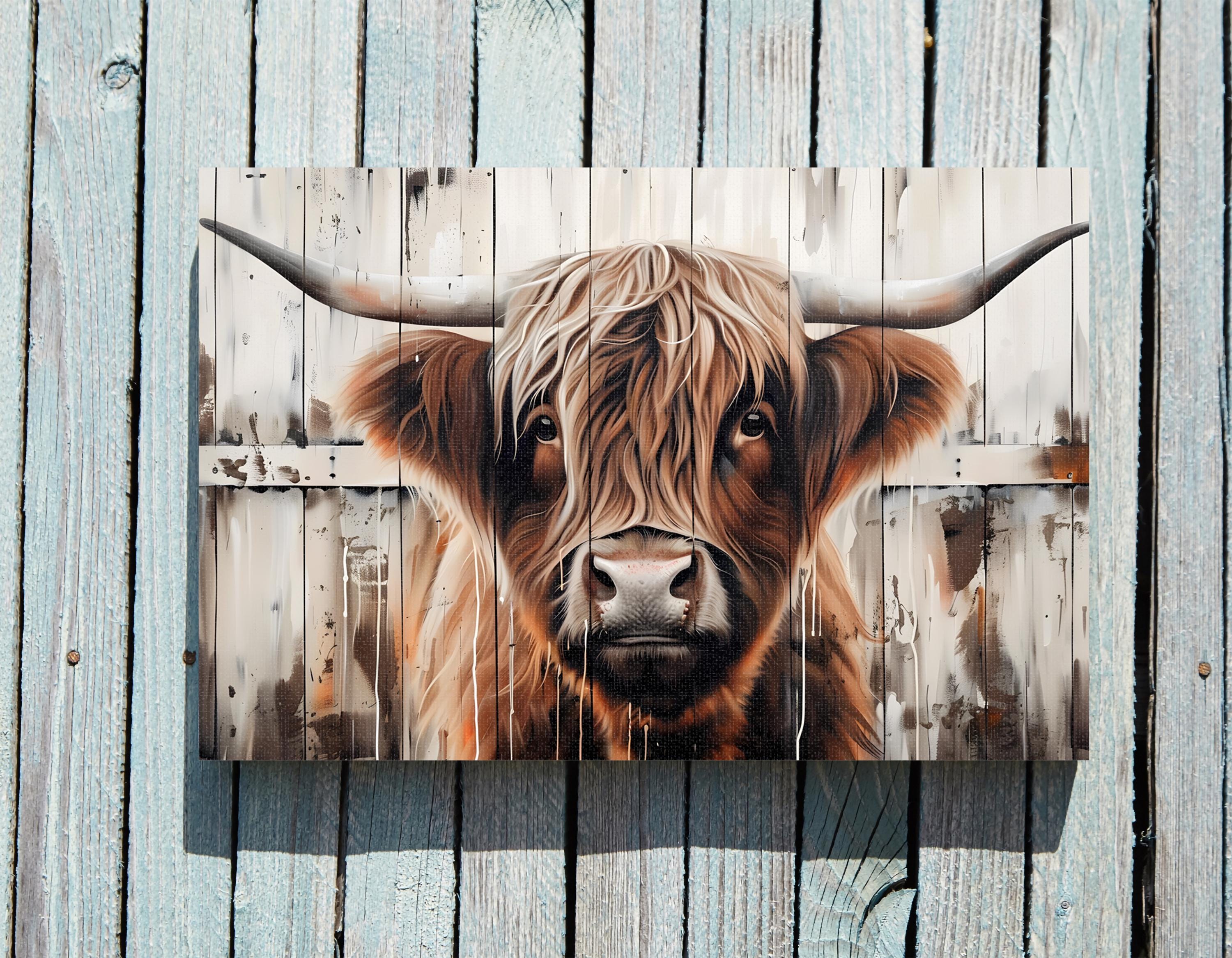 Rustic Fall Background Cow Highland Cow Rustic Painting Art Print or Canvas, Modern Farmhouse ...
