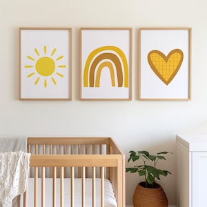 Minimalist Nursery Wall Art Print or Canvas Set Of 3, Trendy Sun Rainbow Heart In Neutral Colors, Gift For Toddler or Baby Shower Present