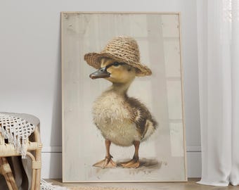 Cute Duckling Portrait Vintage Wall Art Poster or Canvas, Farm Animal Print, Whimsical Duck Nursery Rustic Animal Art Minimalist Wall Decor