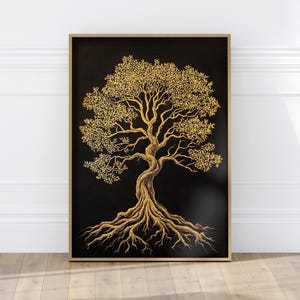 Golden Tree Symbolic Rooted Art Print or Canvas, Nature Inspired Art, Ancestry Boho Tree Poster Artwork, Tree of Life Modern Art Home Decor