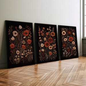 Dark Moody Wildflower Painting 3 Piece Set Wall Art Poster or Canvas Print, Dark Cottagecore Botanical Wall Decor, Elegant Flower Art Print