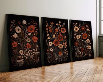 Dark Moody Wildflower Painting 3 Piece Set Wall Art Poster or Canvas Print, Dark Cottagecore Botanical Wall Decor, Elegant Flower Art Print