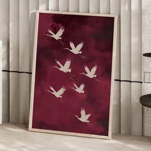 Flying Cranes Japanese Pink Burgundy Wall Art Poster or Canvas Print, White Bird Vintage Style Art Print, Minimalistic Japandi Wall Decor