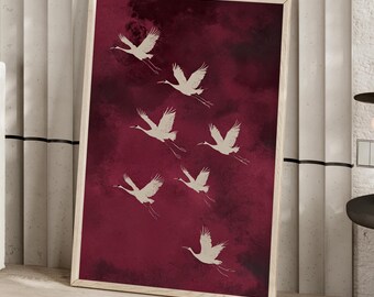 Flying Cranes Japanese Pink Burgundy Wall Art Poster or Canvas Print, White Bird Vintage Style Art Print, Minimalistic Japandi Wall Decor