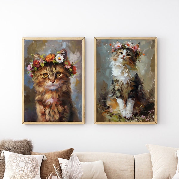 Impression d'art florale de chat tigré, art mural rustique de chat mignon, impression esthétique de chat de cru, chat avec la coiffure de fleur art déco pour chambre d'enfant