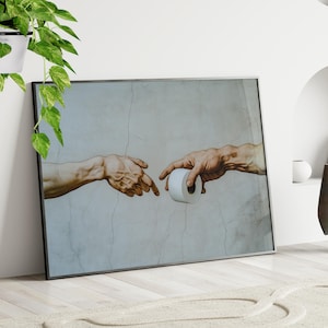 Man&#39;s Hand Holding Toilet Paper Funny Painting Poster or Canvas Print, Vintage Funny Bathroom Wall Decor, Toilet Sign Humorous Prank Gift