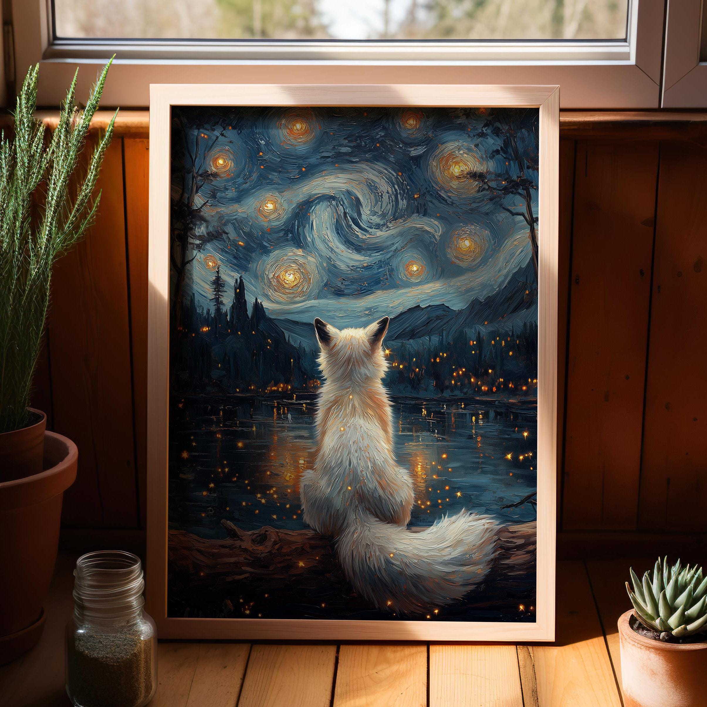 White Fox Van Gogh Inspired Starry Night Sky Oil Painting Poster