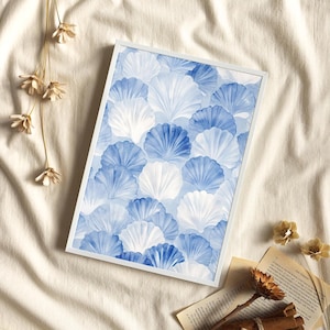 Blue And White Seashells Abstract Impressionism Watercolor Art Poster or Canvas Print, Seashell Collection Print, Coastal Cowgirl Wall Art