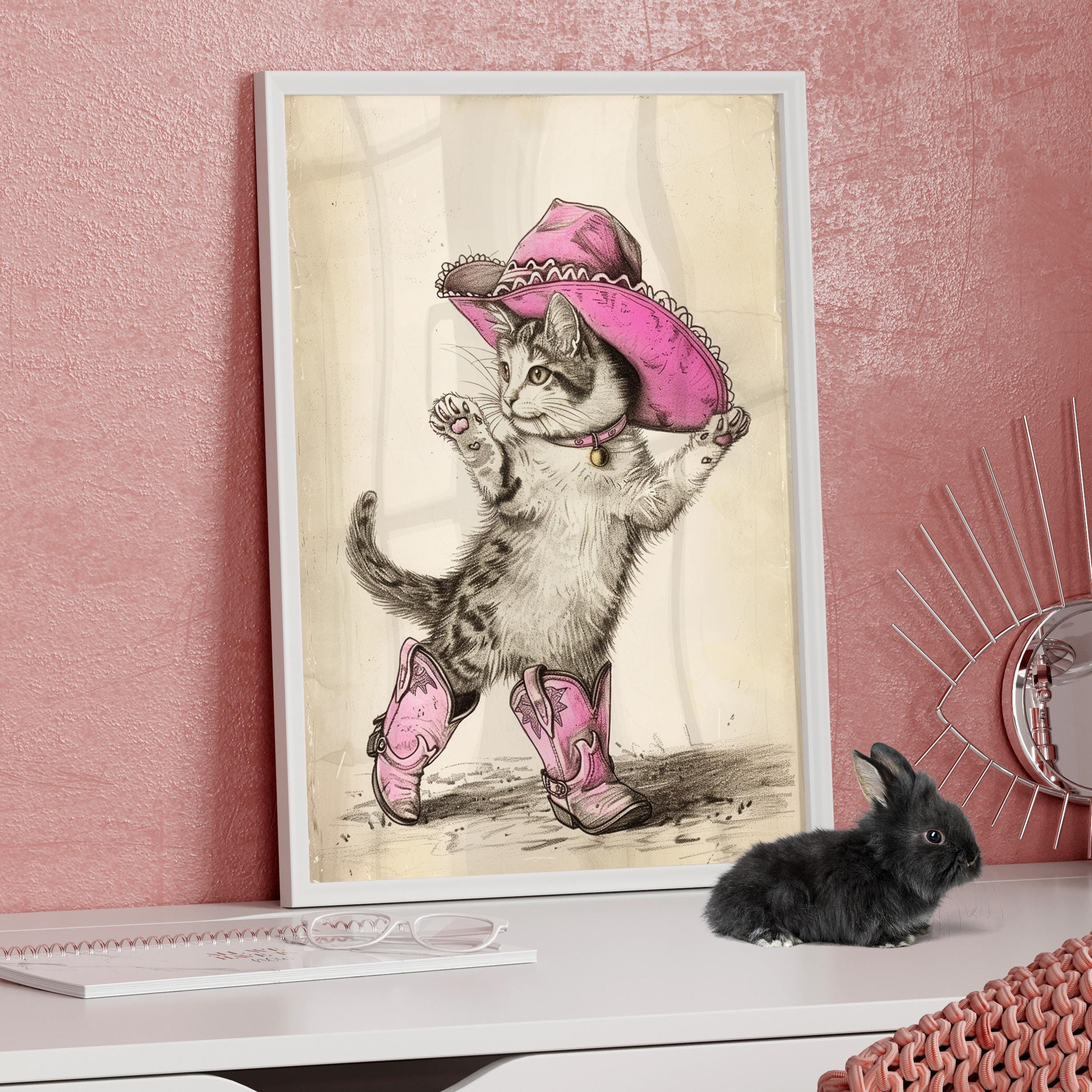 Cute Funny Pink Hat and Boots Vintage Cowboy Cat Art Print or Canvas, Retro Humorous Farmhouse Cat Poster, Animal Wall Art Whimsical Nursery