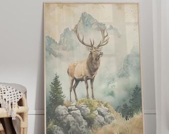 Vintage Watercolor Style Deer Art Print or Canvas, Earthy Color Tone Mountain Animal Poster, Aesthetic Antlers Print, Gift For Deer Hunters