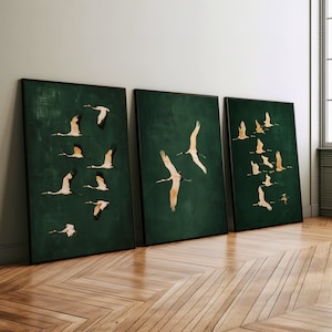 Cranes Emerald Green 3-Piece Set Wall Art or Canvas, Cranes Japanese Eclectic Decor, Maximalist Vintage Animal Art Print Bird Lover Gift