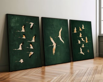 Cranes Emerald Green 3-Piece Set Wall Art or Canvas, Cranes Japanese Eclectic Decor, Maximalist Vintage Animal Art Print Bird Lover Gift