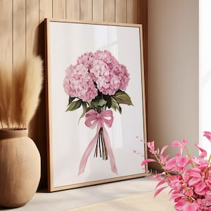Pink Hydrangea Bouquet With Bow Painting Wall Art Poster or Canvas Print, Girl Nursery Decor, Floral Wall Print, Pastel Aesthetic Room Decor