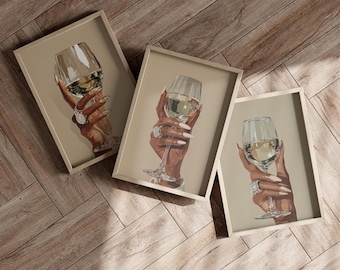 Black Woman Holding Wine Glass Set of 3 Wall Art Poster or Canvas Print, Retro Afrocentric Feminine Print, Elegant Classy Modern Home Decor